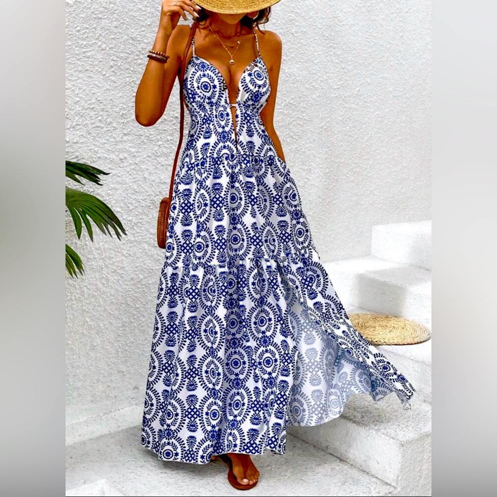 Elegant Blue and White Maxi Dress